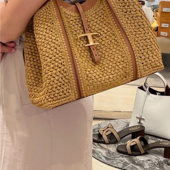 Tod's Tan Medium Raffia T Timeless Tote Shopping Bag - Picture 2 of 6